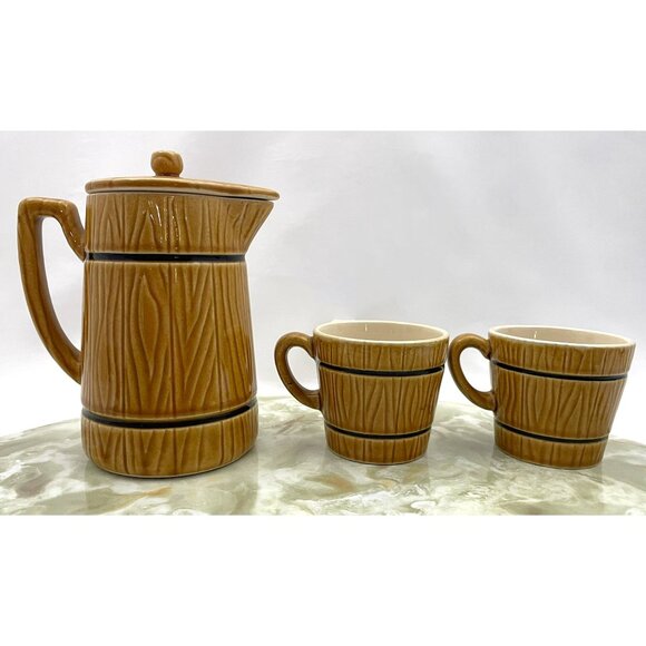 Vintage 60s coffee set, coffee pot & 2 cups, faux wood grain, Royal Sealy Japan - Picture 3 of 7